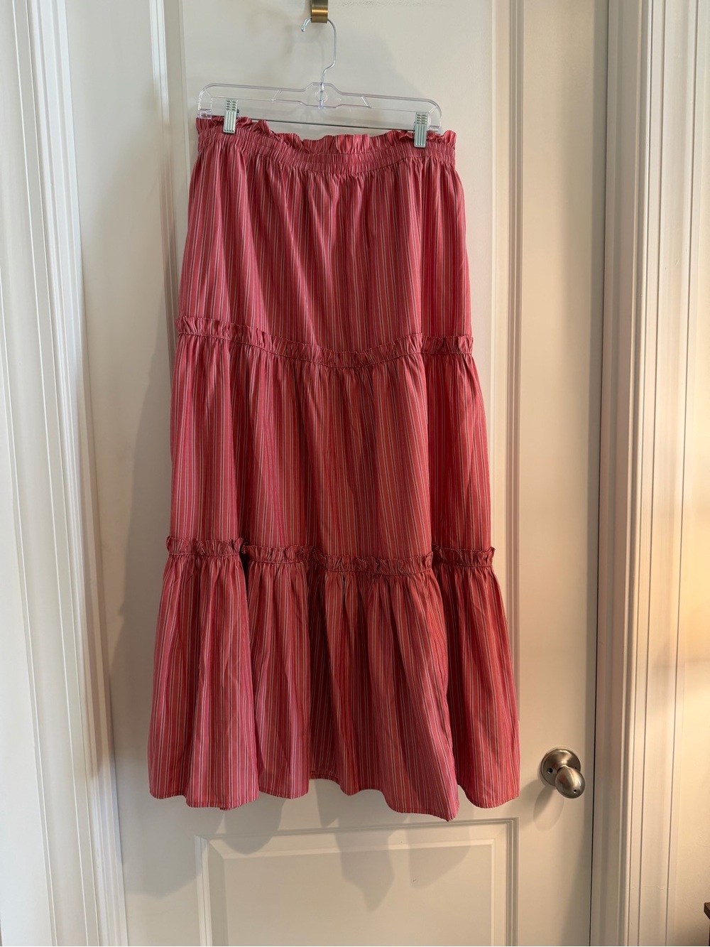 Tuckernuck Coral Pink Striped Tiered Maxi Skirt